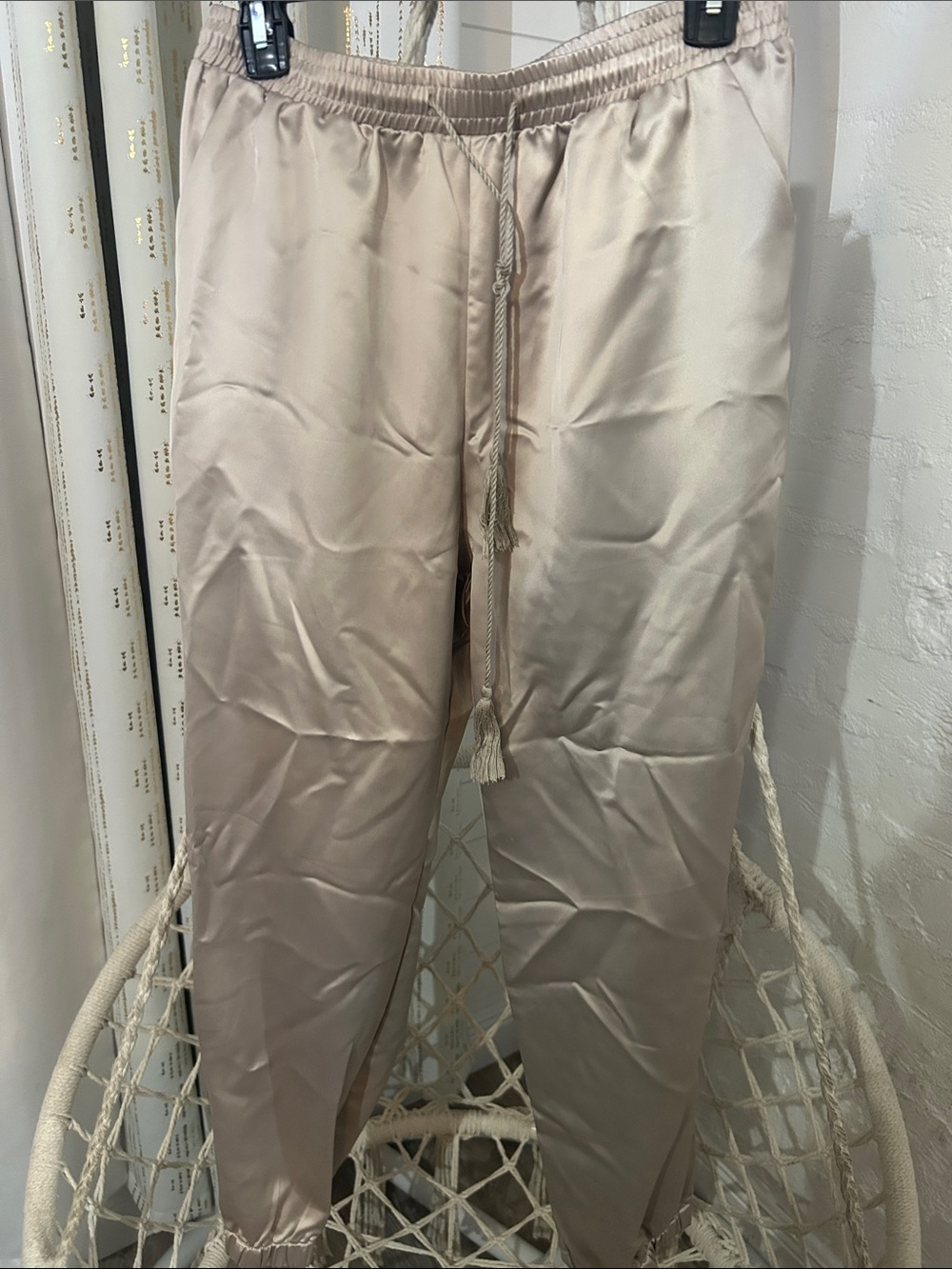 Allegra K Champagne Satin Jogger Pants Size Medium Drawstring Elastic Waist
